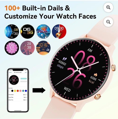 Round Dial Pink Smartwatch Compatible For Any Phone Calls, Texts, And Fitness - Picture 2 of 5