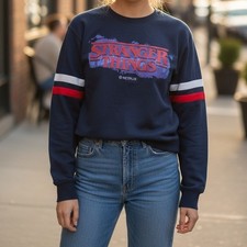 Stranger Things Netflix Navy Blue Crewneck Teen Sweatshirt Striped Sleeves XL
