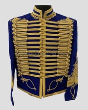 Men’s Blue Wool Hussar Marching Band Napoleonic Military Golden Braided Jacket