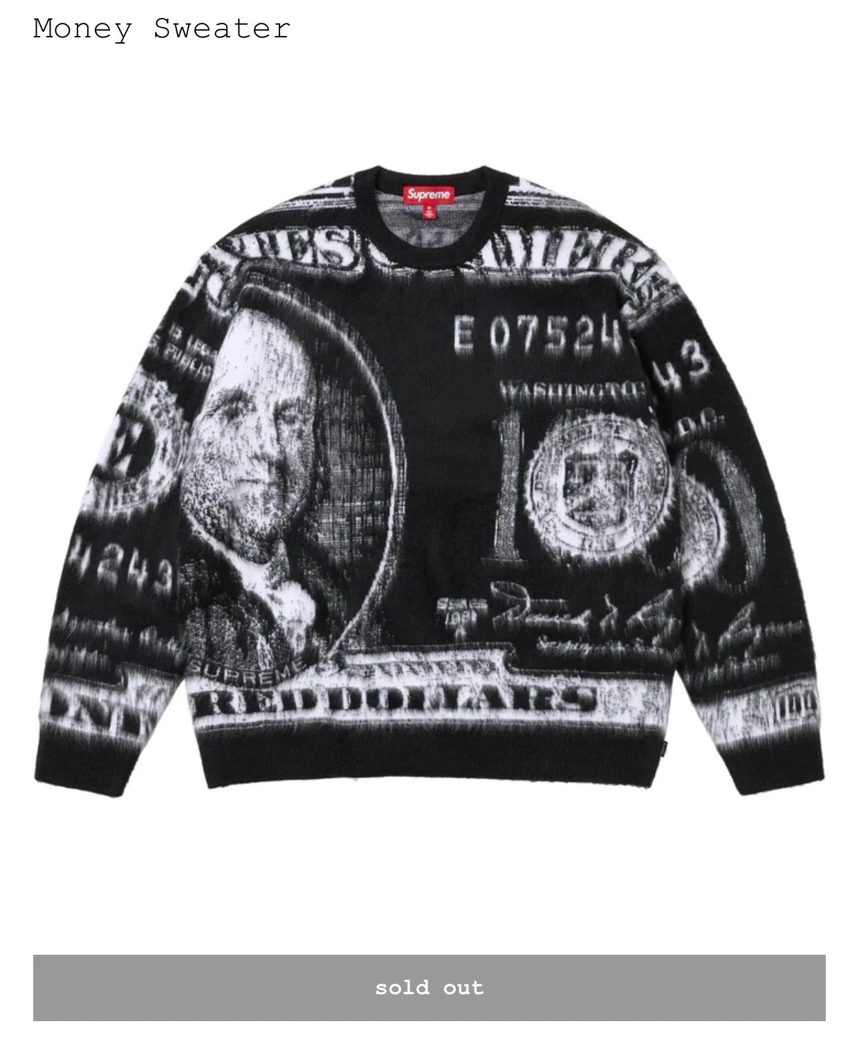 Pull Supreme Money SS25 taille XL LIVRAISON RAPIDE