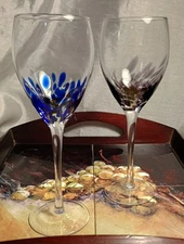 2 Blown Glass Color Dots Wine Glasses Goblets, Clear w/ Blue or Purple, Set