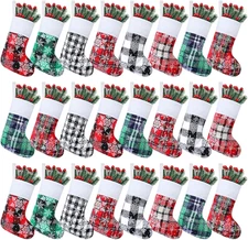 24 Pcs Christmas Stockings Bulk Mini Xmas Buffalo Plaid Stocking Plush Cuff Hang
