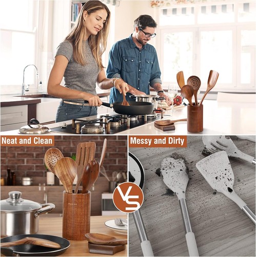 9 Piece Natural Teak Wooden Kitchen Utensil Set with 9 PCS SET, Wood - Picture 5 of 7