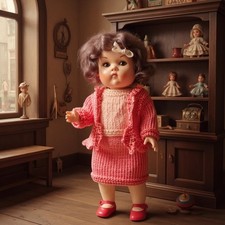 Vintage 7” Unmarked Hard Plastic Doll 1950s Brown Sleep Eyes Mohair Wig + Outfit