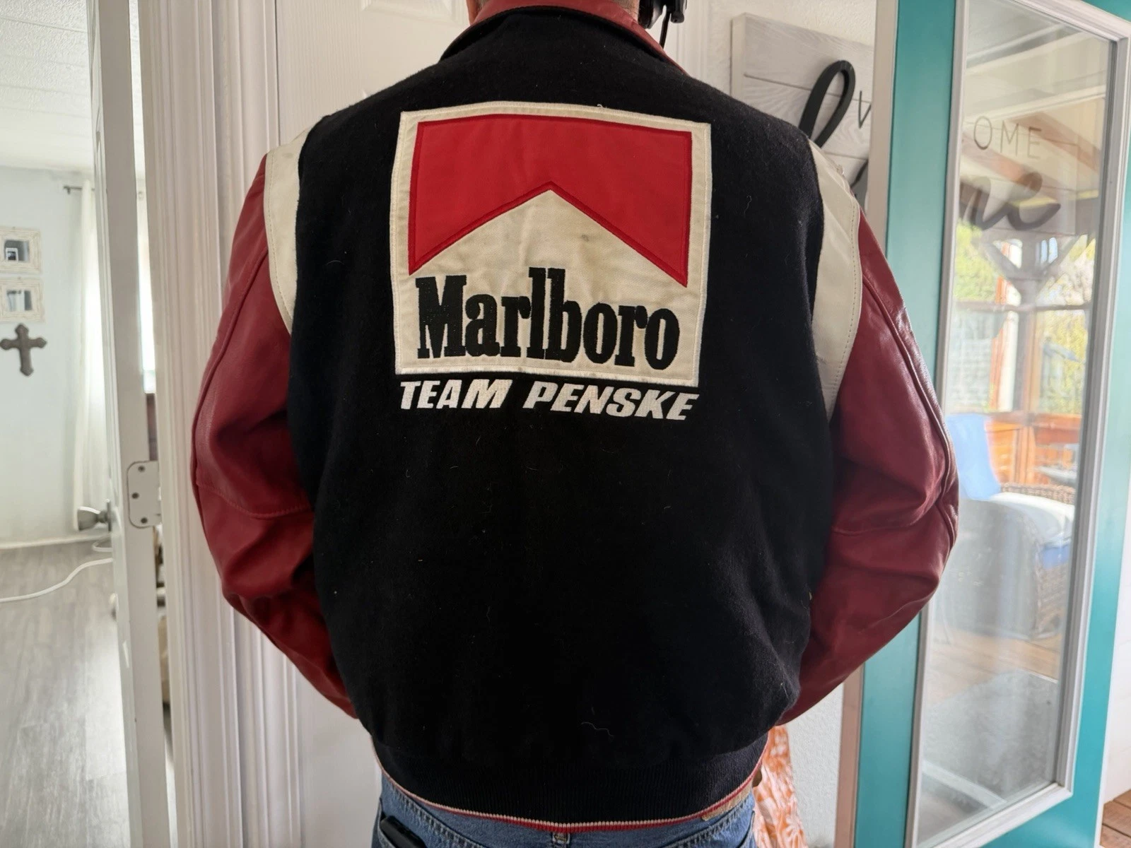Marlboro Team Penske Leather Bomber Jacket Black/Red Quilted Lined XL image 2
