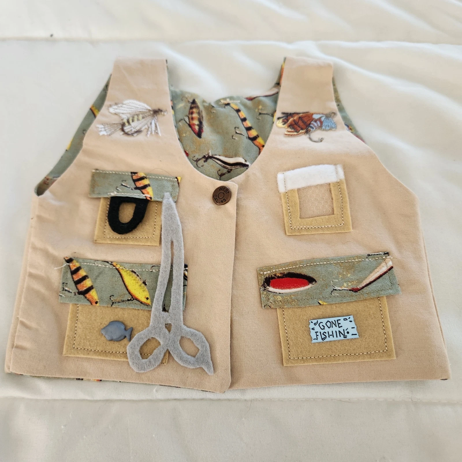 Handmade Fishing Vest Novelty Newborn to 3 Mo Unisex Cotton Fabric Made USA