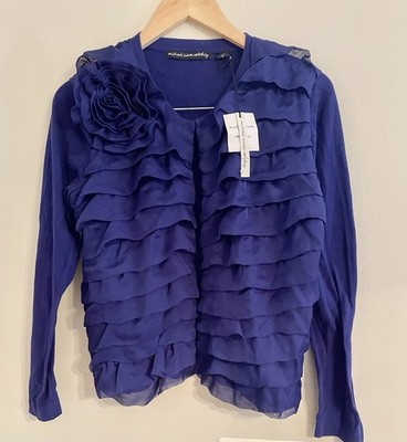 NWT- Michael Simon Workshop Thin Blue Sweater Ruffle Front Chiffon Small