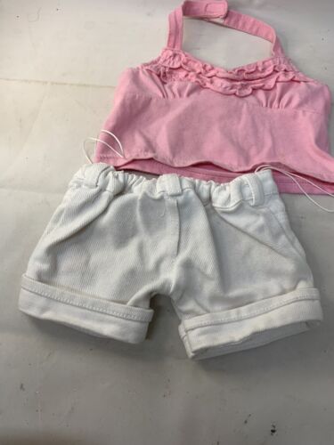 Build-A-Bear Pink Halter Top Shirt White Embroidered Flower Denim Shorts Pants - Picture 4 of 6