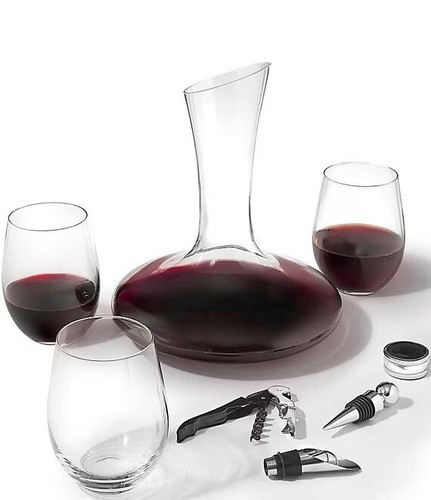 Godinger Glass Wine Set 9-Piece Carafe and Stemless with Tools - Picture 2 of 4