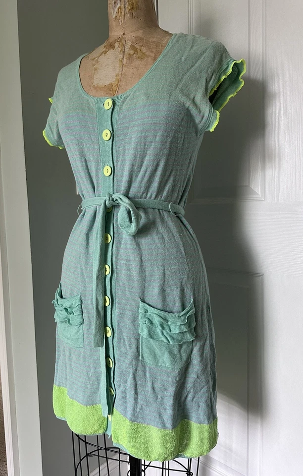 Vestido Nanette Lepore Heartbeat Rayas Tejido Lino Manga Corta Talla S Azul Cinturón Foto 3 de 4