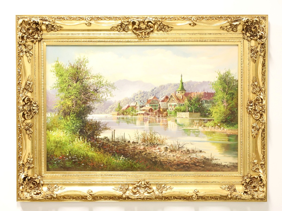 油彩画 Ein Gruß aus Deutschland 1982 20th Century Signed Oil on Canvas Painting of Young Woman In