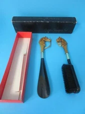 Vintage Black Gold Plastic Horse Head Shoe Brush and Shoehorn Set  Japan w/ Box