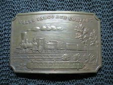 WELLS FARGO CO BROADWAY NY TRAIN BRASS BELT BUCKLE VINTAGE RARE 1970s USA