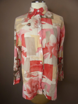 Hauber Peter Hahn Women's US 14 Floral Button Up Top 100% Cotton Pink Cream