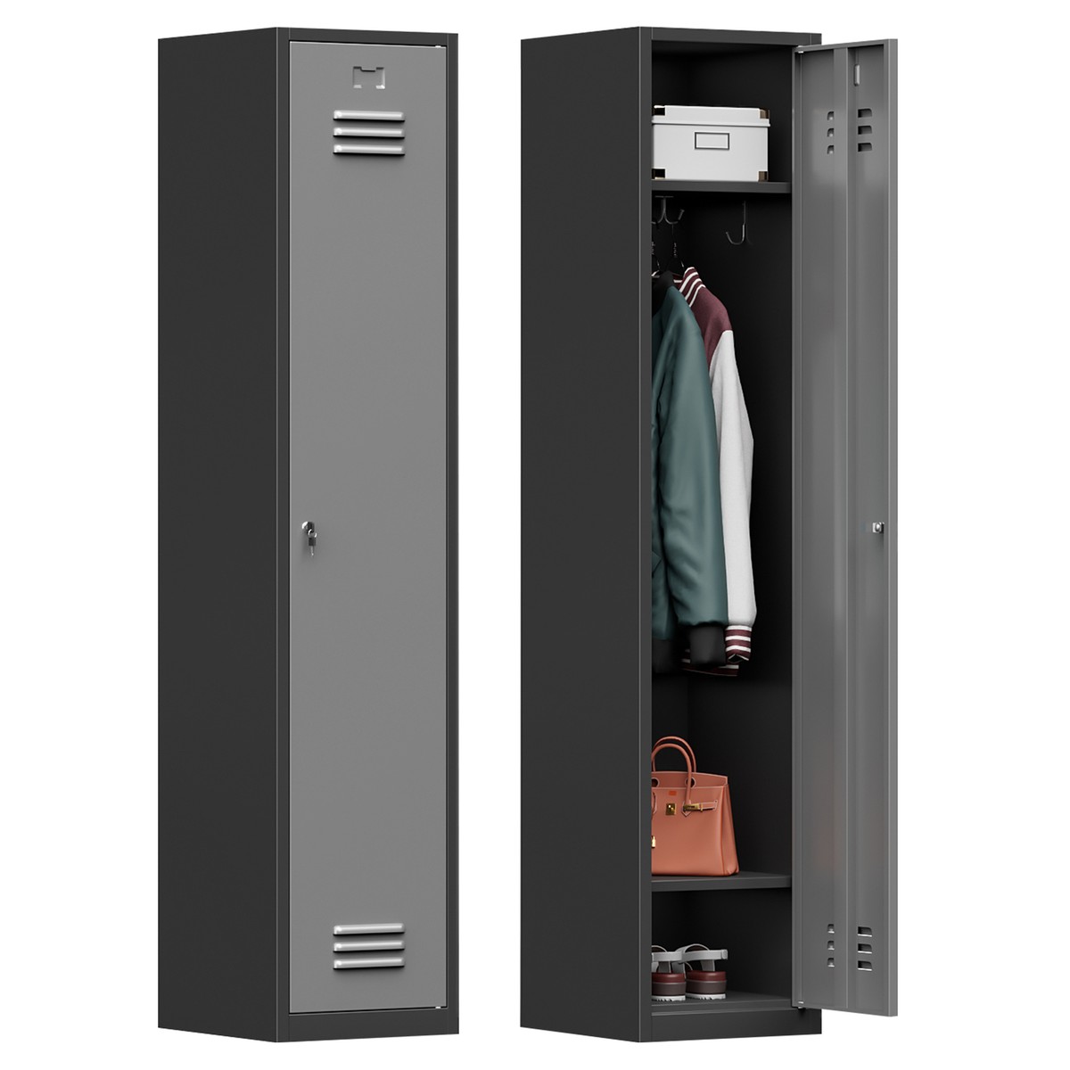 NODHM Metal Locker – 3-Door Storage Unit, 72x36x16 Inches, Steel Cabinet With Shelves, Lockable Doors & Hanging Hooks, Grey
