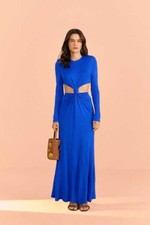 FARM RIO Cobalt Blue Knotted Cut-Out Waist Long Sleeve Flare Maxi Dress L 12/14