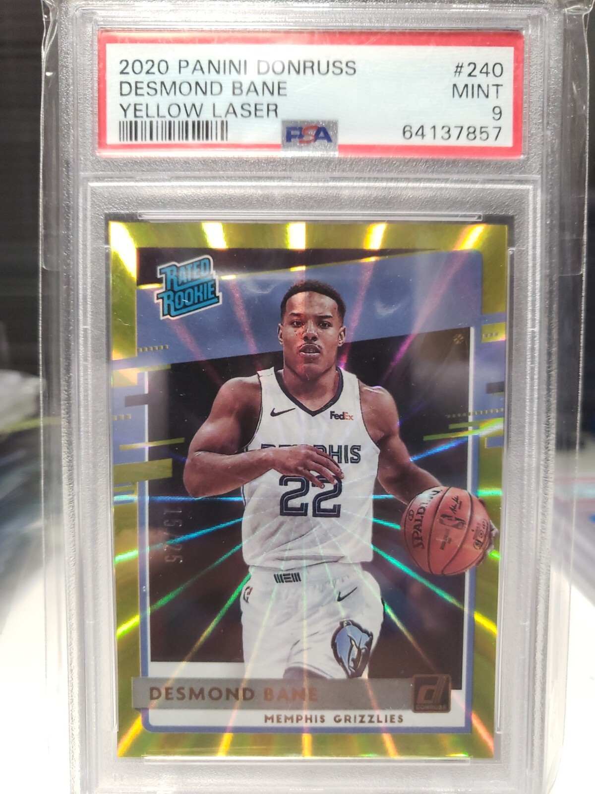 Desmond Bane 2020-21 Donruss RC #240 Rated Rookie Yellow Laser /25 PSA 9 Mint