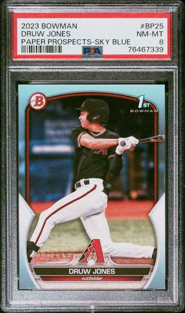 2023 Bowman Paper Prospects BP25 Druw Jones Sky Blue /499 PSA 8 NM-MT