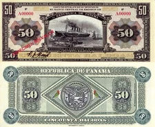 PANAMA 50 BALBOAS OLD 4-FUNNEL OCEAN LINER REED FANTASY ART BANKNOTE DESIGN!