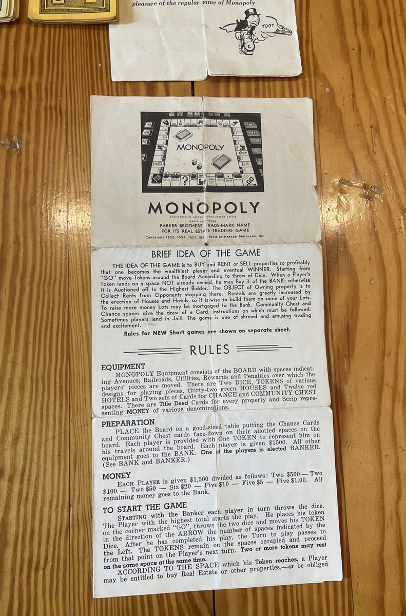 Vintage Monopoly 1954 Board Game Chance/Comm Chest Cards, Money
