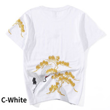 Blusa Casual A Maniche Corte Uomini Con Ricamo Di Gru Etnico Cinese