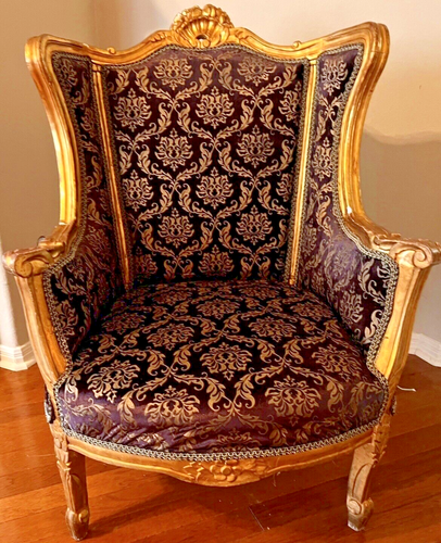 Hollywood Glamour Louis XV Style Gilt Wing Chair (A) Purple Damask Velvet 1960s - Picture 12 of 24