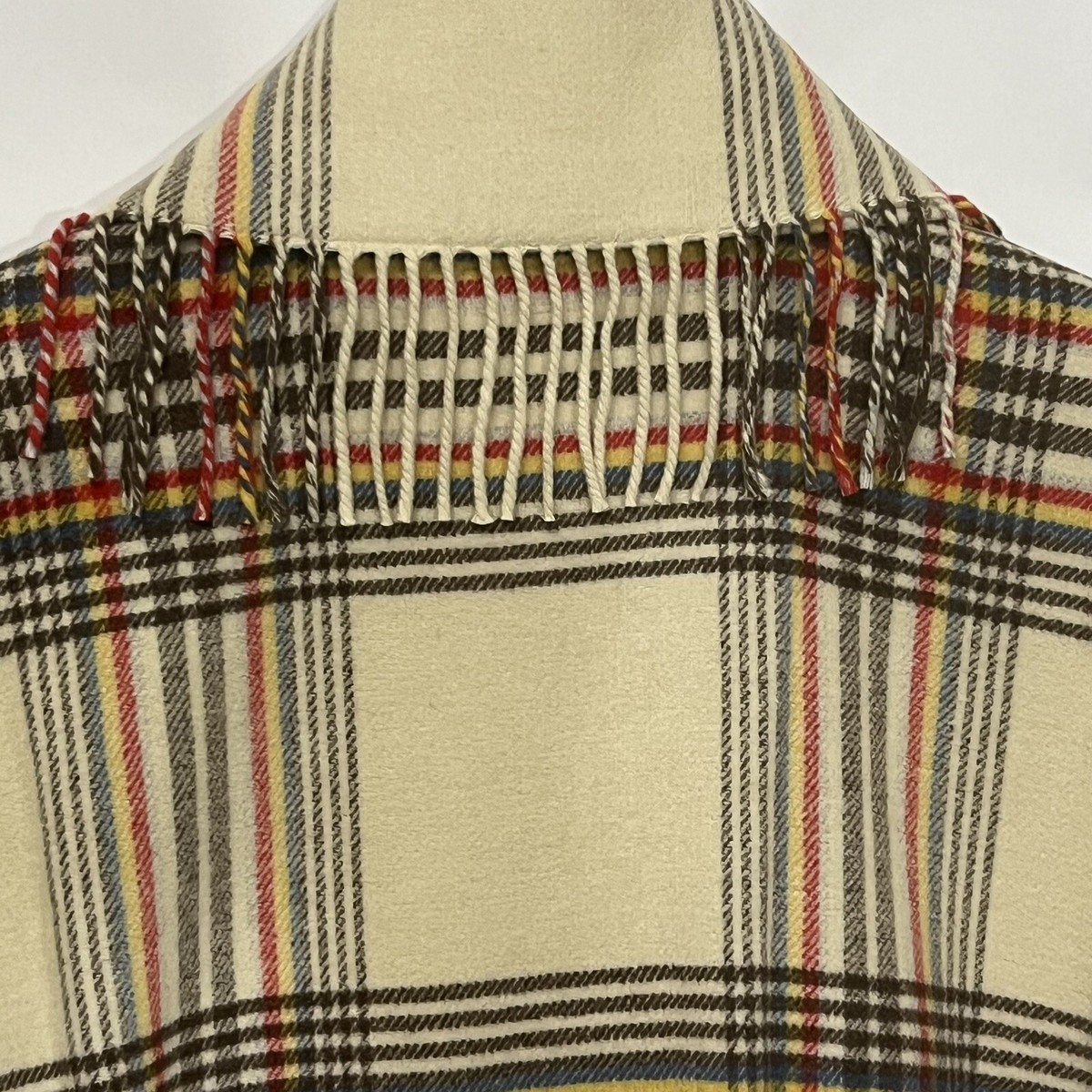 Polo Ralph Lauren Fringe Trim Coat Off White Wool Plaid