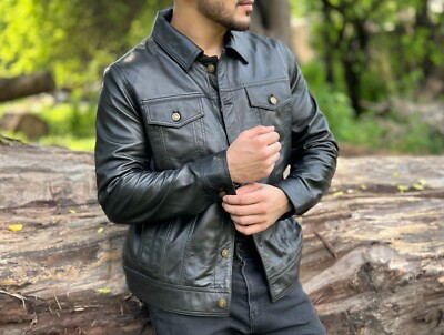Men's Real Leather Black Trucker Jacket Black Leather Classic