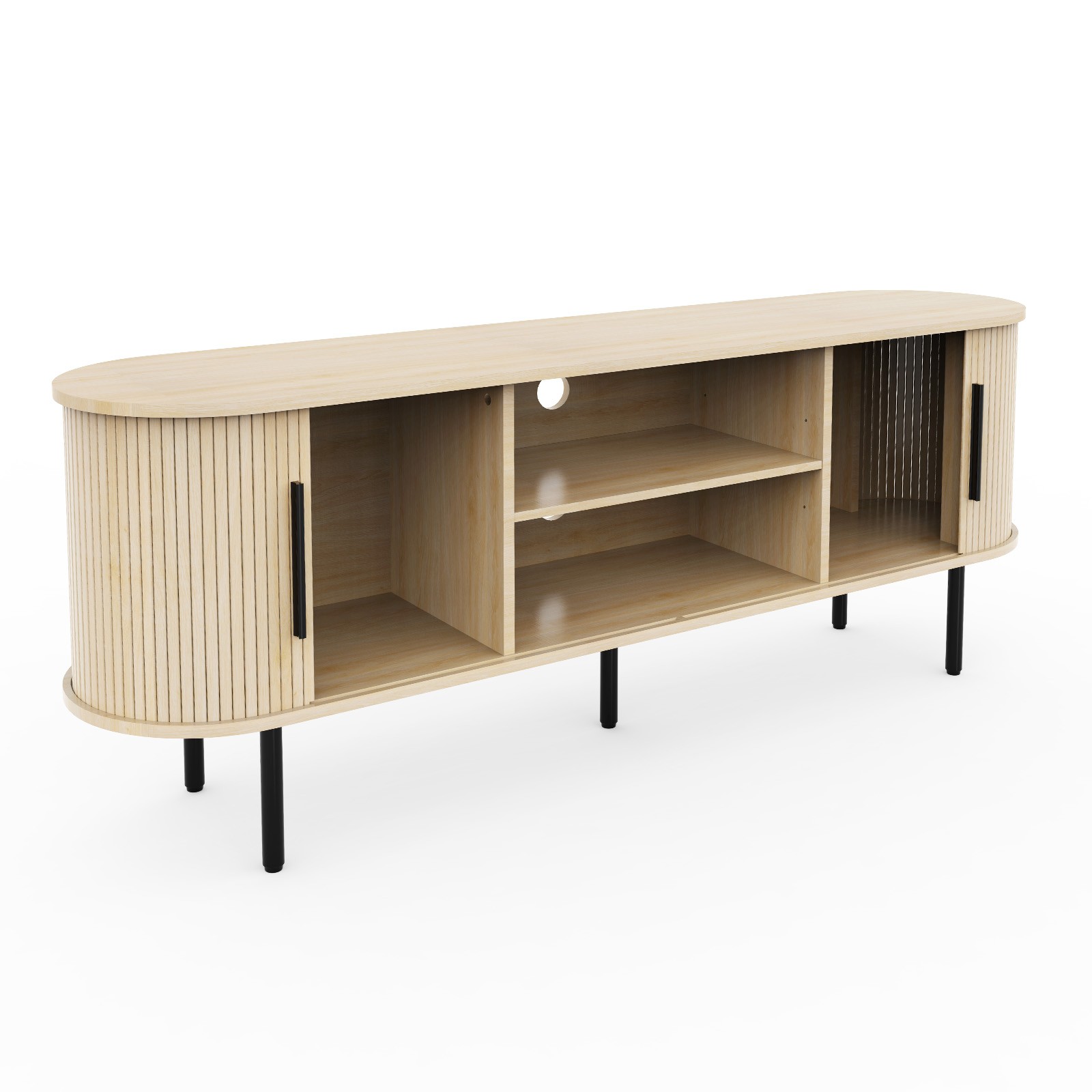 58" Modern Oak TV Stand Oval Fluted Media Console Slatted Sliding Doors 65in TV