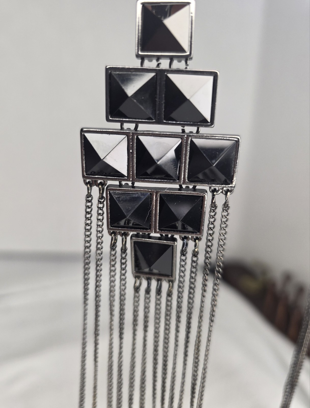 Park Lane Black Pyramid Fringe Chain Necklace Geometric Tiles Design New (Read⬇️