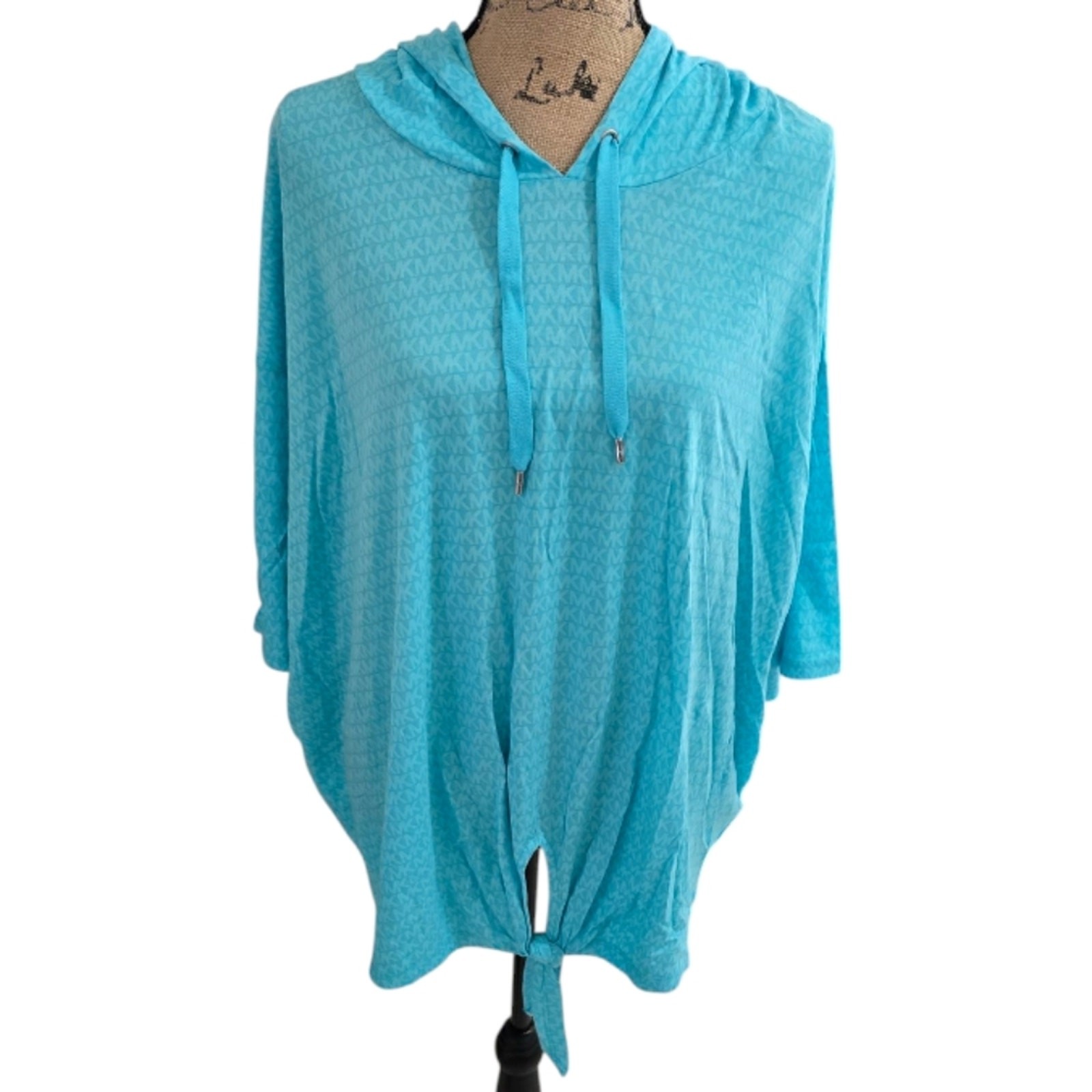 Michael Kors Women's Turquoise Logo Hooded Tied Waist Light Weight Shirt 3X