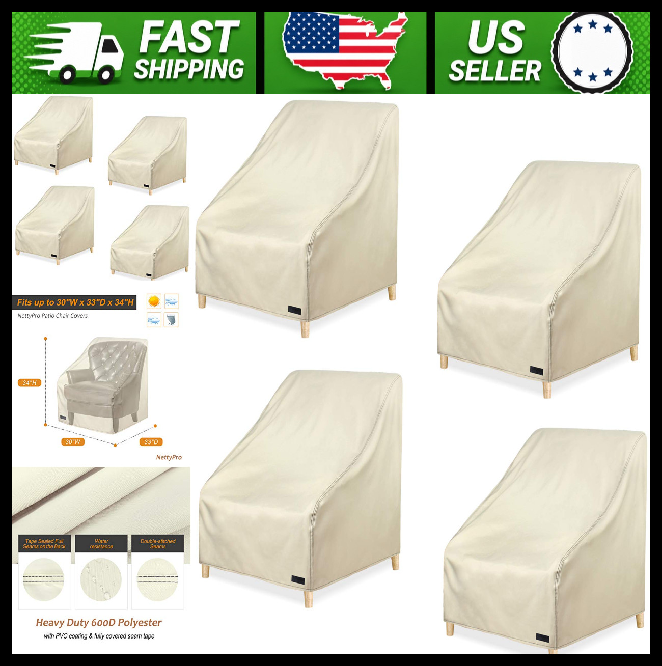 Covers 4 Pack Beige Deep Seat Dining Chairs
