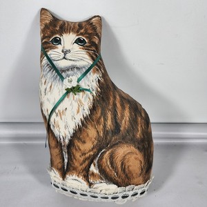 White Brown Two-Sided Cat Pillow 10” Vintage Cottagecore Farmhouse TLC By Glo