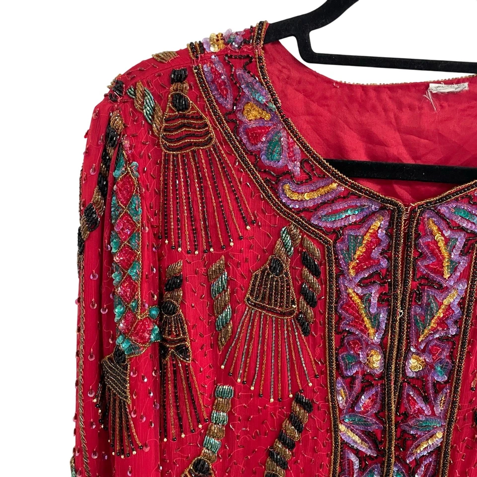 Top vintage de seda pura lentejuelas con cuentas manga larga rojo multi mujer mediano? Foto 2 de 4