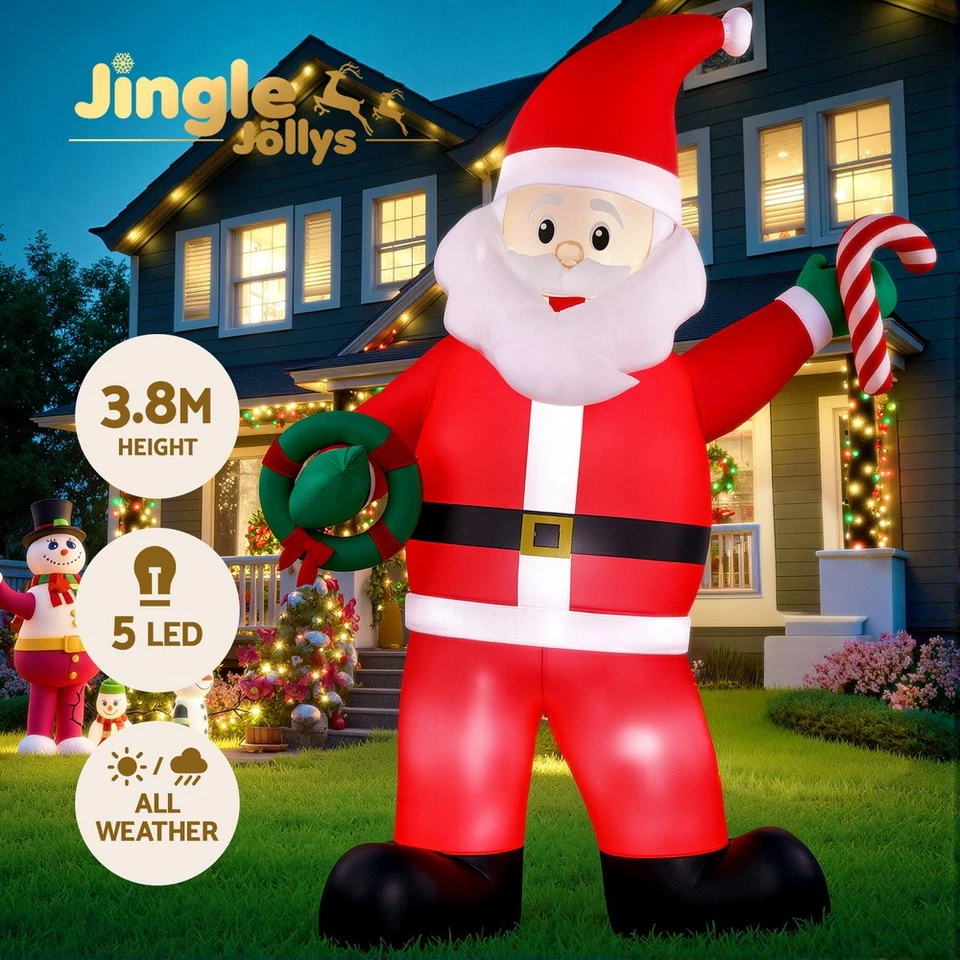 Jingle Jollys Christmas Inflatable Giant Santa 3.8M Height LED Illuminated Decor