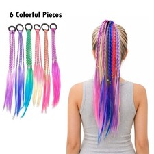 6pc Colorful Braided Hair Extensions Ponytail Elastic Ties Kids Party Cosplay