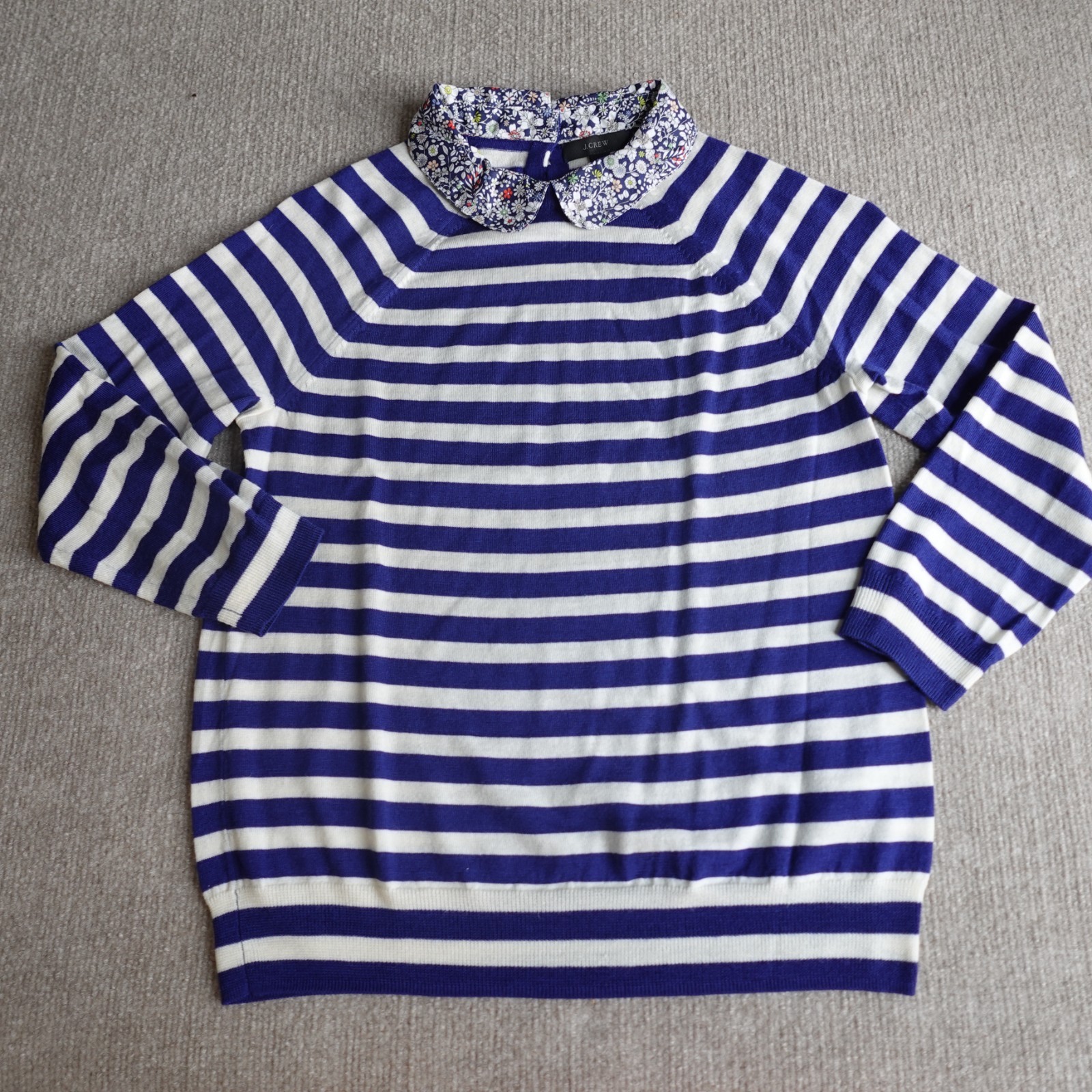 J.Crew Womens Sweater XS Blue Striped Peter Pan Collar Merino Wool 51372