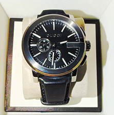 Gucci 101.2 Chronograph Quartz Black Dial Black Leather Strap 44mm w/ Box