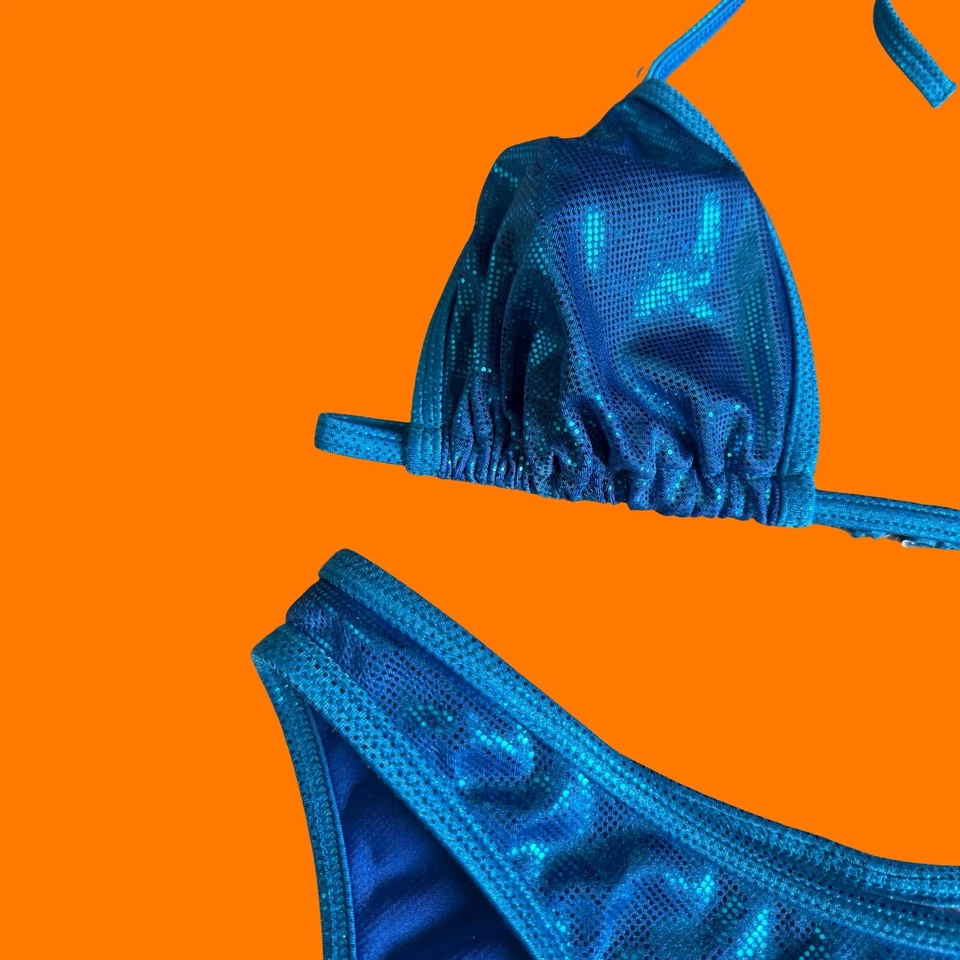 Bikini vintage años 90 azul brillante metálico iridiscente corte alto pierna alta GRANDE Foto 4 de 4