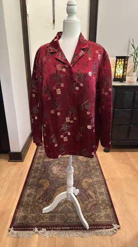Chico's Design Red Gold Asian Floral Design Rayon Silk Shirt Jacket Top 3 XLG - 第 6/12 張圖片