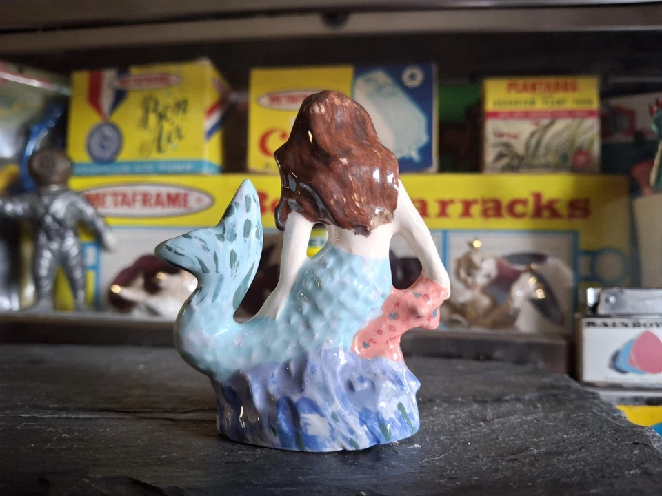 Antigua pecera de acuario de colección hermosa cerámica cola azul pecera sirena Foto 3 de 4