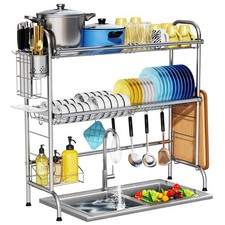 Stainless Steel 2-Tier Over The Sink Dish Drying Rack with Utensil Holder, La...