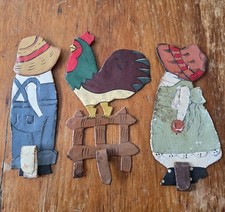 Vintage Tin Metal Litho Flat Farmhouse Rooster Girl Hook Hand Painted Folk Art