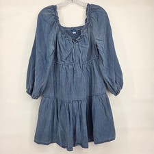 Old Navy Swing Dress Medium Blue Tencel Long Sleeve Boho Western Pockets