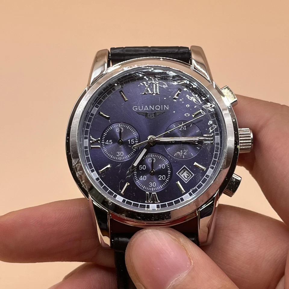 Reloj de cuarzo Guanqin para hombre esfera azul fecha cronógrafo estilo correa de cuero negro Foto 3 de 4