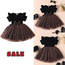 Infant Girls Short Sleeve Bowknot Leopard Princess Lace Tutu Dress Party Outfits
