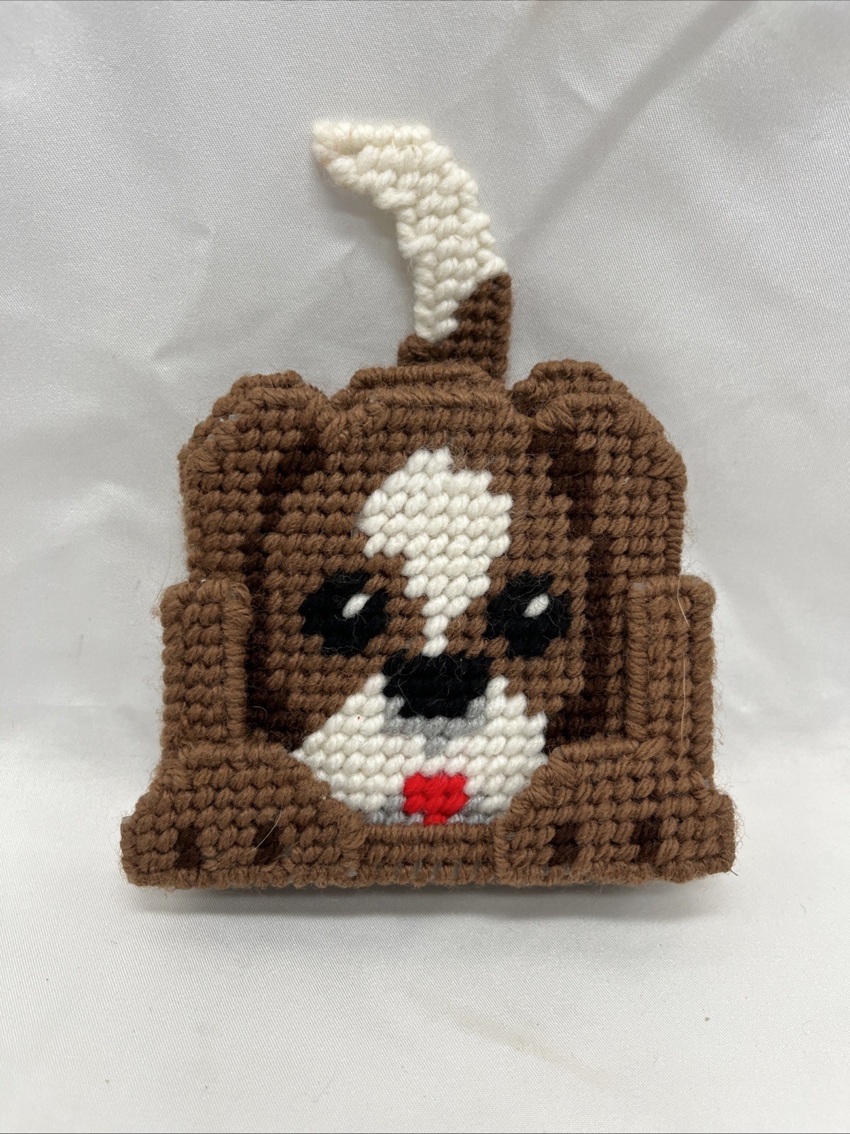 Vintage Handmade Needlepoint Puppy Dog Coaster Set of 4 with Holder for Dog Lovers