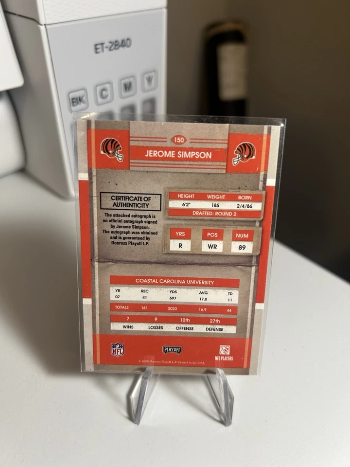 2008 Playoff Contenders - Jerome Simpson #150 (AU, RC) - Image 2 of 2