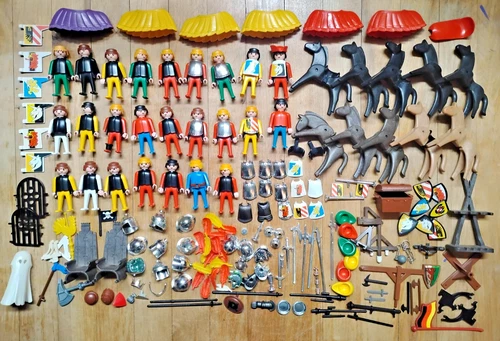 PLAYMOBIL Vintage 1974 Huge Toy Lot with Knights, Figures, Horses, Helmets, more