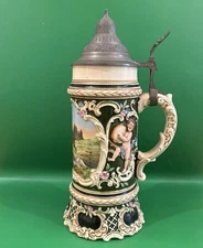 Reinhold Hanke Lidded Beer Stein 1411 Antique Pewter Lid Perfect Condition 1890s